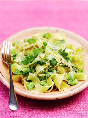 Pappardelle with peas, broad beans & pecorino