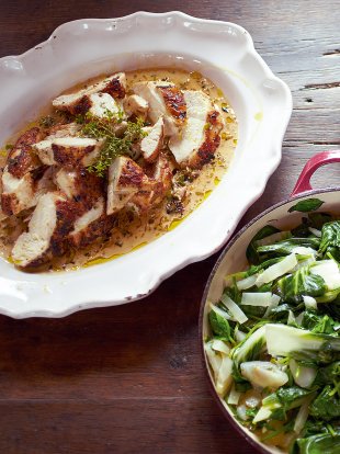 Mustard chicken, quick dauphinoise, greens, black forest affogato