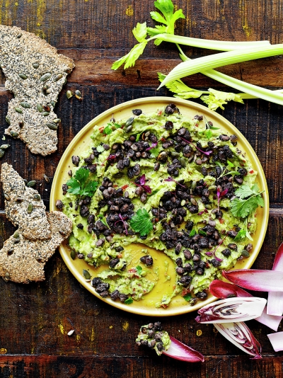 South American-style guacamole with popped black beans