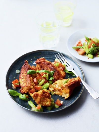 Leftover squash fritters with tomato salsa