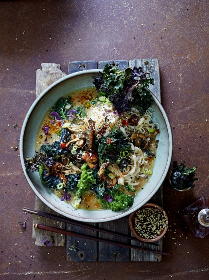 Image of "super noodle" ramen with kale and mushrooms