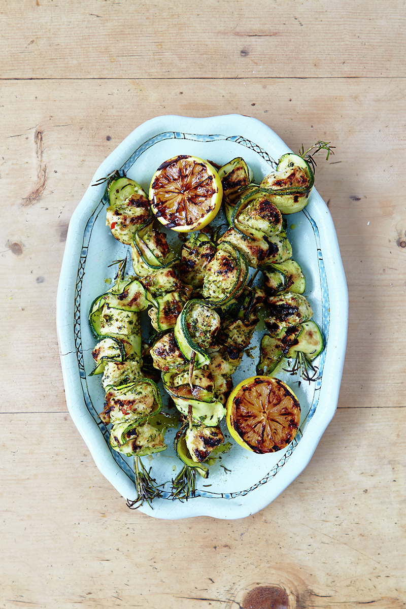 Image of cooked, marinated chicken kebabs on a blue plate