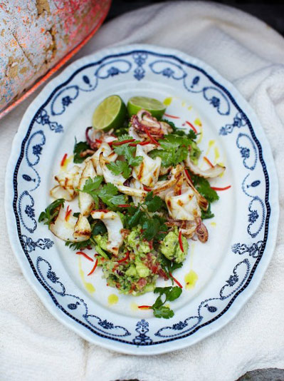 plate of squid salad with guacamole
