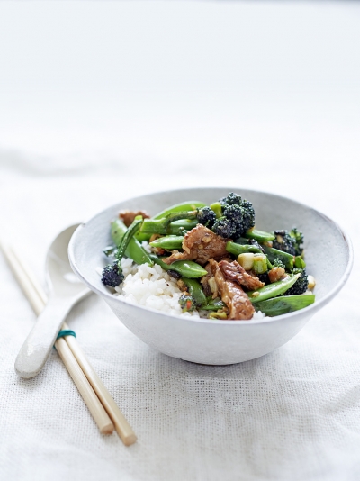 Pork, spring green & black bean stir-fry