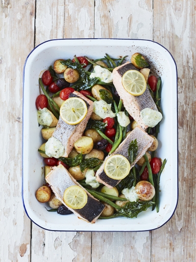 Roasted salmon & summer veg traybake