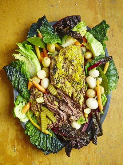 Mustard brisket with veg & beef broth