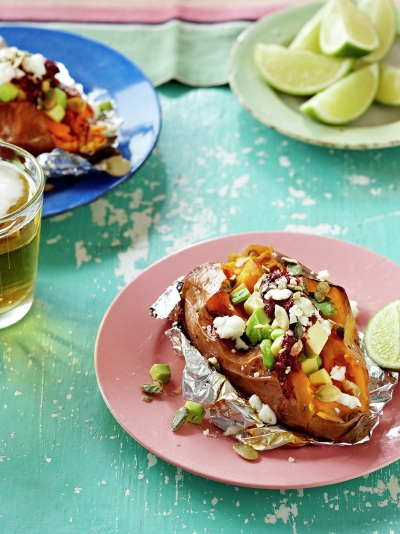 Baked sweet potatoes, avocado & queso fresco